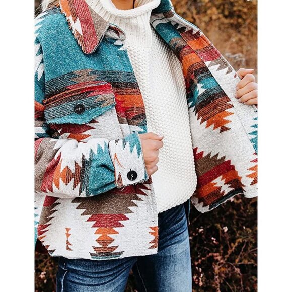 Multicolor Aztec Tribal Print Button Down Corduroy Shacket Jacket Coat - Picture 4 of 9